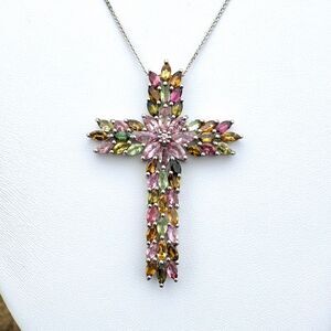 Multi Color Tourmaline Cross Pendant on 20” Sterling Silver Necklace Vintage New